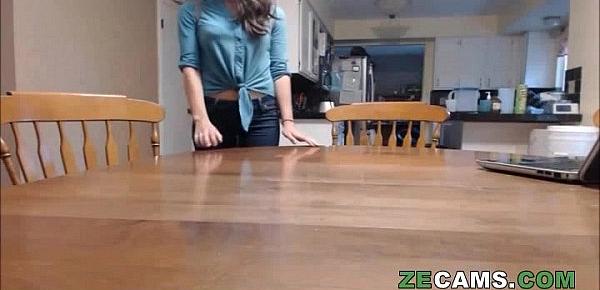  Brunette teen play with pussy on table